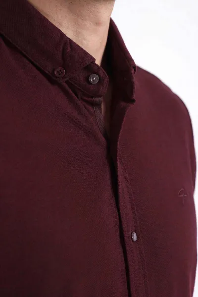 Bordo Pike Kumaş Likralı Erkek Kısa Kollu Gömlek 467572