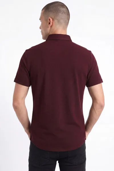 Bordo Pike Kumaş Likralı Erkek Kısa Kollu Gömlek 467572