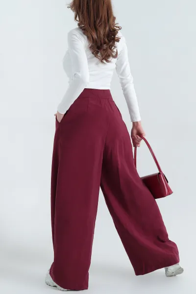 Bordo Pileli Cepli Bayan Tencel Pantolon 337619