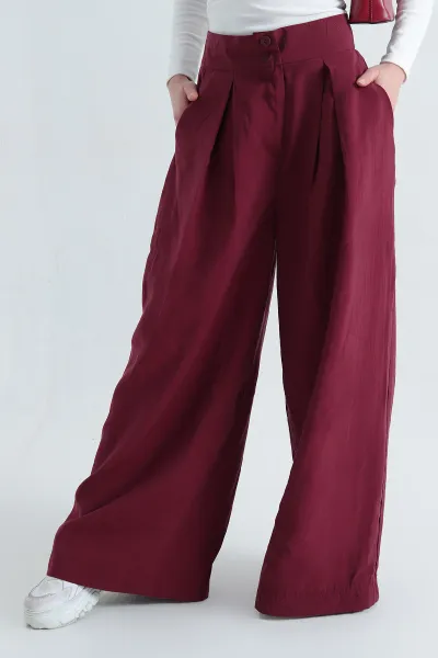 Bordo Pileli Cepli Bayan Tencel Pantolon 337619