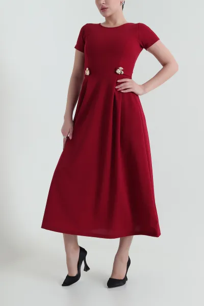 Bordo Pileli Crep Bisiklet Yaka Kadın Abiye 433902