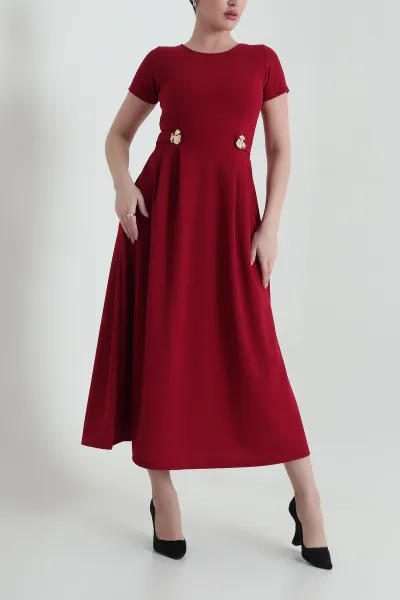 Bordo Pileli Crep Bisiklet Yaka Kadın Abiye 433902
