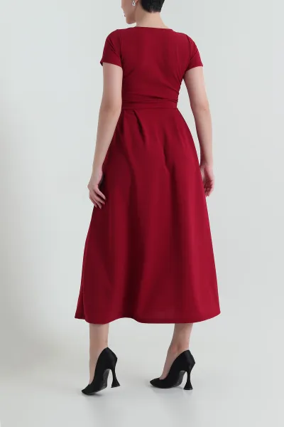 Bordo Pileli Crep Bisiklet Yaka Kadın Abiye 433902