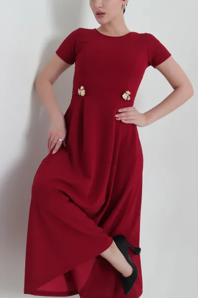 Bordo Pileli Crep Bisiklet Yaka Kadın Abiye 433902