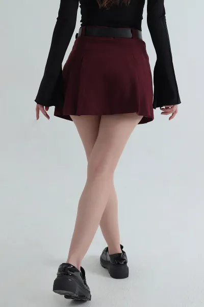 Bordo Pileli Kemerli Atlas Kadın Şort Etek 408258