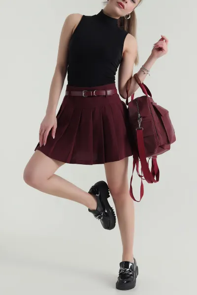 bordo-pileli-kemerli-keten-kadin-sort-etek-418852