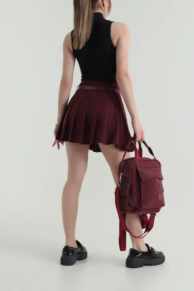 Bordo Pileli Kemerli Keten Kadın Şort Etek 418852