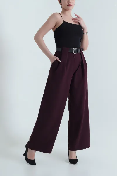 Bordo Pileli Kemerli Palazzo Kadın Pantolon 445475