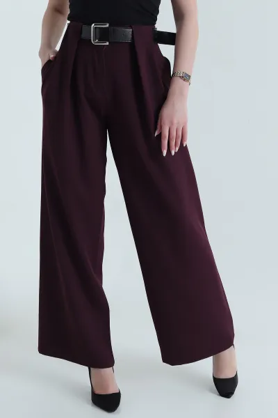 Bordo Pileli Kemerli Palazzo Kadın Pantolon 445475