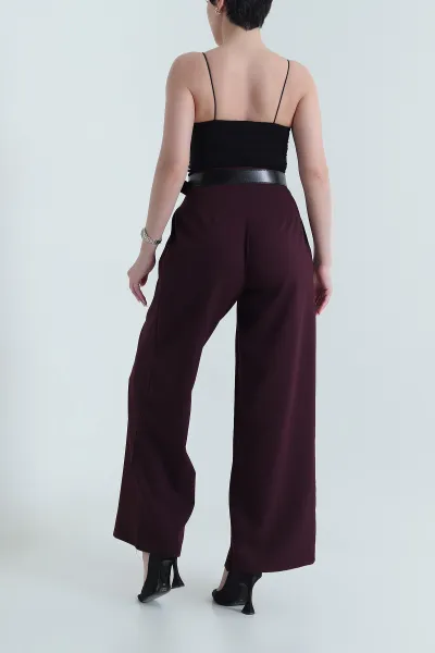 Bordo Pileli Kemerli Palazzo Kadın Pantolon 445475