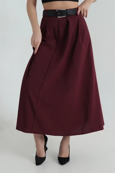 Bordo Pileli Kemerli Poliviskon Kadın Etek 418034