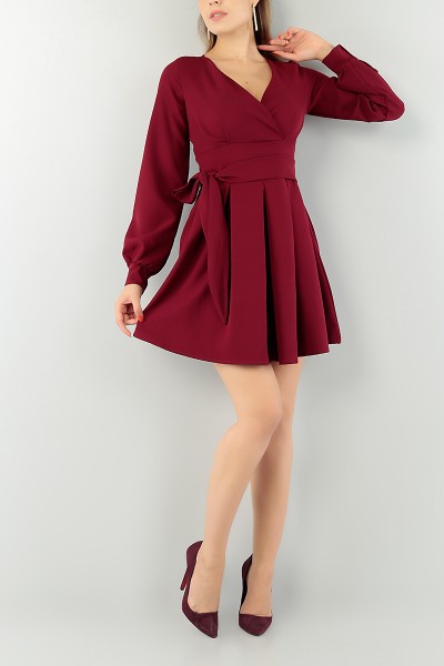 Bordo Pileli Kruvaze Yaka Abiye Elbise 74959
