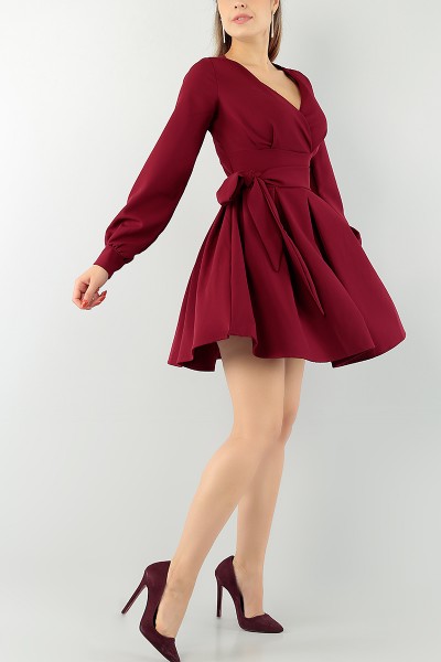 Bordo Pileli Kruvaze Yaka Abiye Elbise 74959