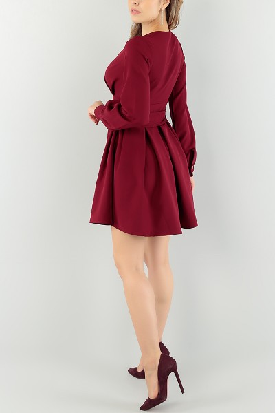 Bordo Pileli Kruvaze Yaka Abiye Elbise 74959