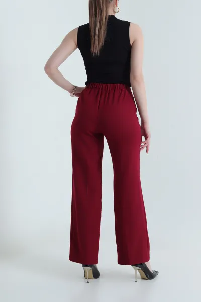 Bordo Pileli Lastikli Bel Kadın Dabıl Pantolon 440432