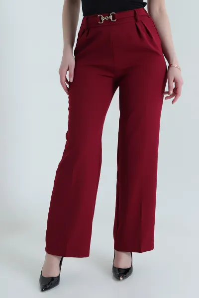 Bordo Pileli Lastikli Bel Kadın Dabıl Pantolon 440432