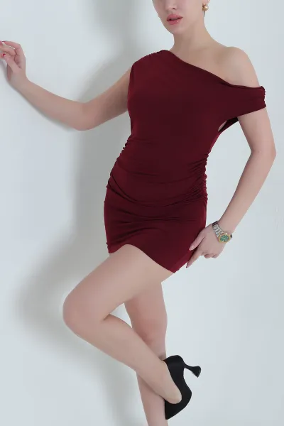 Bordo Pileli Sandy Kadın Elbise 437766
