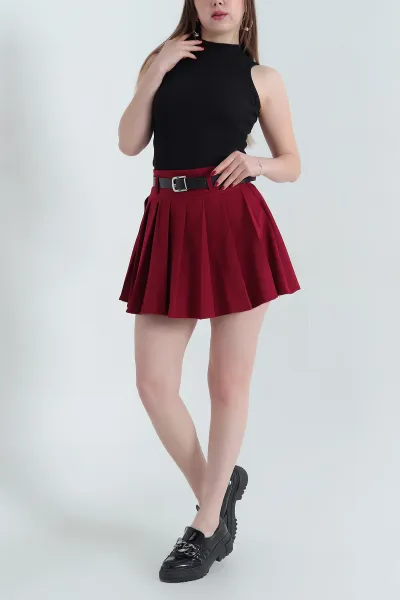 Bordo Pileli Şortlu Fermuarlı Dabıl Etek 338158