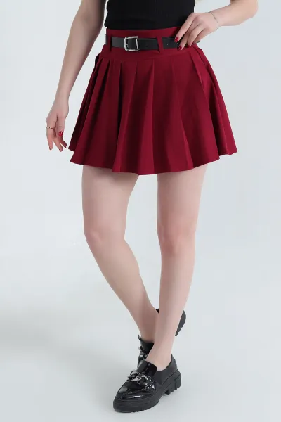 Bordo Pileli Şortlu Fermuarlı Dabıl Etek 338158
