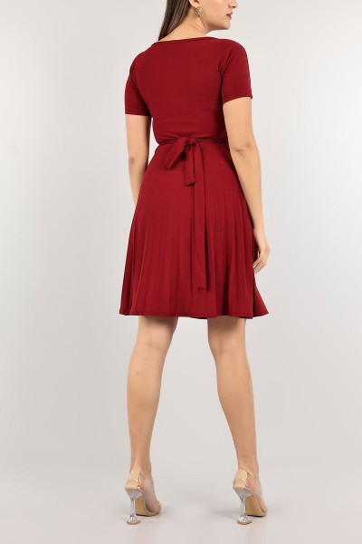 Bordo Pliseli Kemerli Elbise 110251