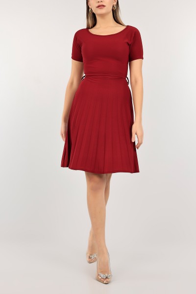 Bordo Pliseli Kemerli Elbise 110251