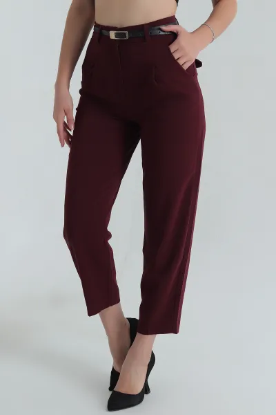 Bordo Poliviskon Kemerli Pileli Kadın Pantolon 399331