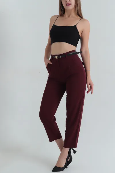 Bordo Poliviskon Kemerli Pileli Kadın Pantolon 399331