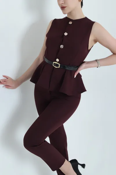 Bordo Poliviskon Yelek Pantolon Kadın İkili Takım 445913