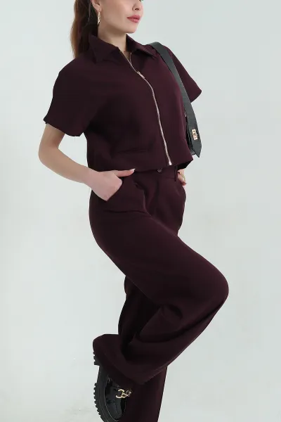 Bordo Polo Yaka Bluz Pantolon İthal Kumaş Kadın İkili Takım 354384