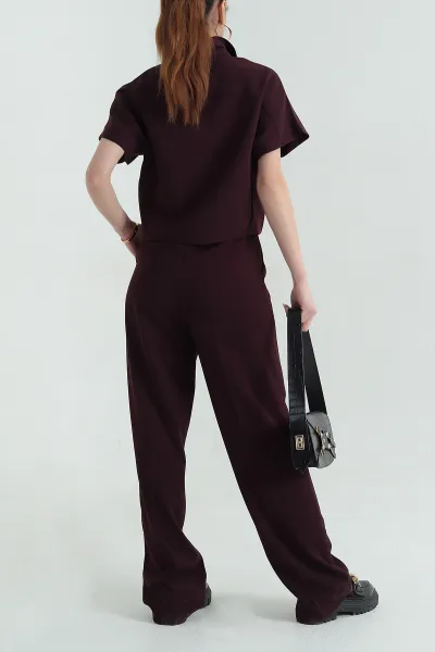 Bordo Polo Yaka Bluz Pantolon İthal Kumaş Kadın İkili Takım 354384