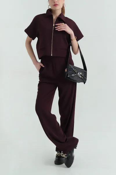 Bordo Polo Yaka Bluz Pantolon İthal Kumaş Kadın İkili Takım 354384