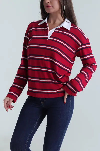 Bordo Polo Yaka Çizgili Viskon Kadın Sweat 492513