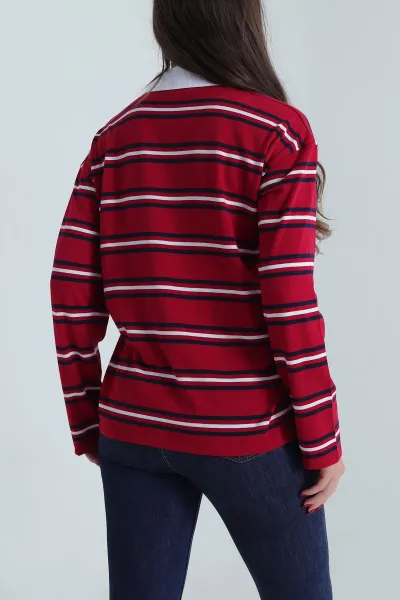 Bordo Polo Yaka Çizgili Viskon Kadın Sweat 492513