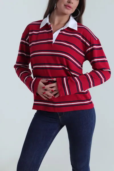 Bordo Polo Yaka Çizgili Viskon Kadın Sweat 492513
