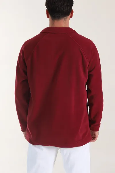 Bordo Polo Yaka Düğmeli Uzun Kollu Polar Kumaş Erkek Sweatshirt 404279