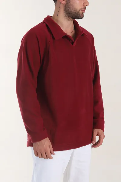 Bordo Polo Yaka Düğmeli Uzun Kollu Polar Kumaş Erkek Sweatshirt 404279