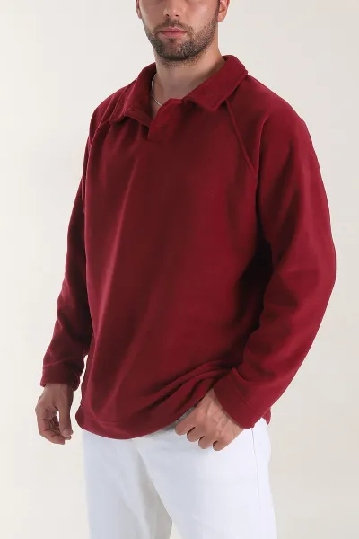 Bordo Polo Yaka Düğmeli Uzun Kollu Polar Kumaş Erkek Sweatshirt 404279