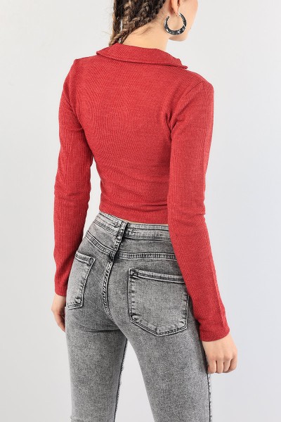 Bordo Polo Yaka Fermuarlı Bluz 88732