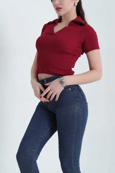 Bordo Polo Yaka Fitilli Bluz 338290