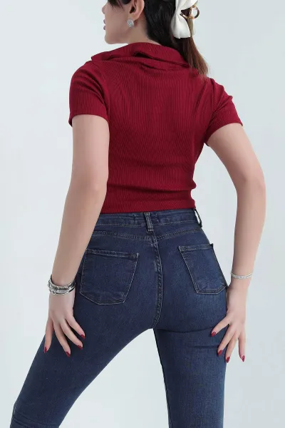 Bordo Polo Yaka Fitilli Bluz 338290