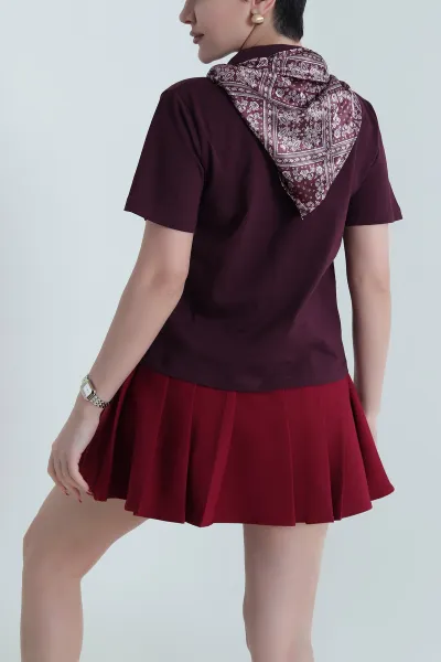 Bordo Polo Yaka Nakışlı Ribana Kadın Tişört 440063
