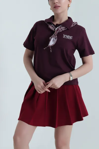 Bordo Polo Yaka Nakışlı Ribana Kadın Tişört 440063
