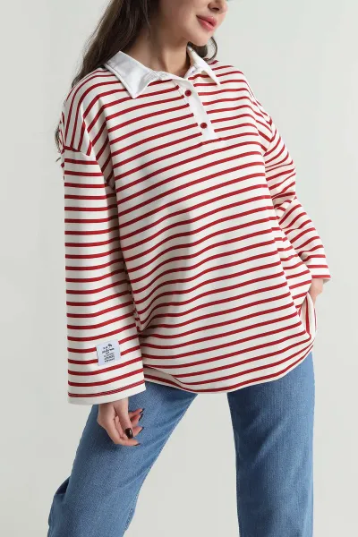Bordo Polo Yaka Oversize Kadın Modal Bluz 499101