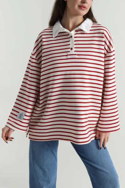 Bordo Polo Yaka Oversize Kadın Modal Bluz 499101