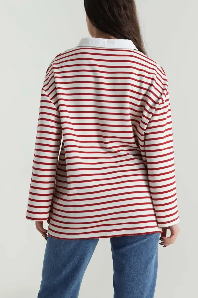 Bordo Polo Yaka Oversize Kadın Modal Bluz 499101