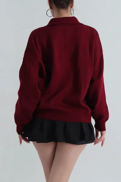 Bordo Polo Yaka Triko Kadın Kazak 403819