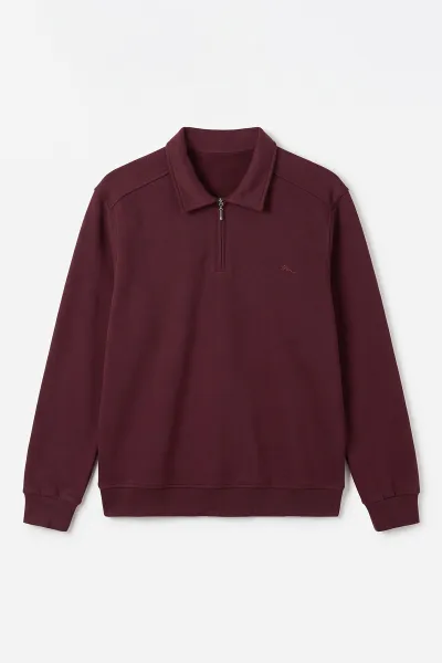 Bordo Polo Yaka Yarım Fermuarlı Erkek Sweatshirt 499389