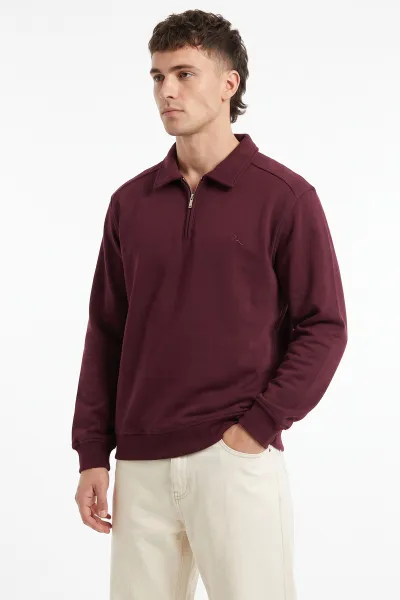 Bordo Polo Yaka Yarım Fermuarlı Erkek Sweatshirt 499389