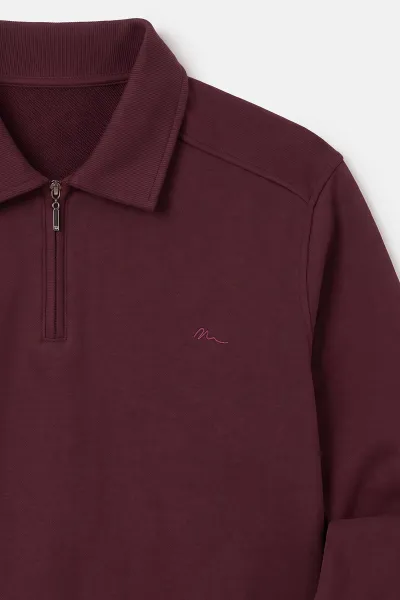 Bordo Polo Yaka Yarım Fermuarlı Erkek Sweatshirt 499389