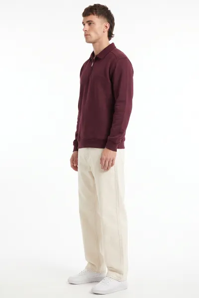 Bordo Polo Yaka Yarım Fermuarlı Erkek Sweatshirt 499389